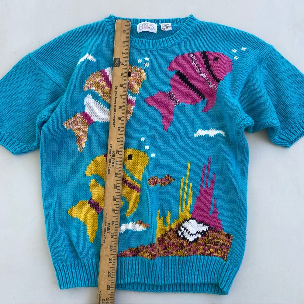 Vintage Fish Sweater Hong Kong Ramie Cotton Coastal Aquarium Knit Womens M 80s - Picture 3 of 14